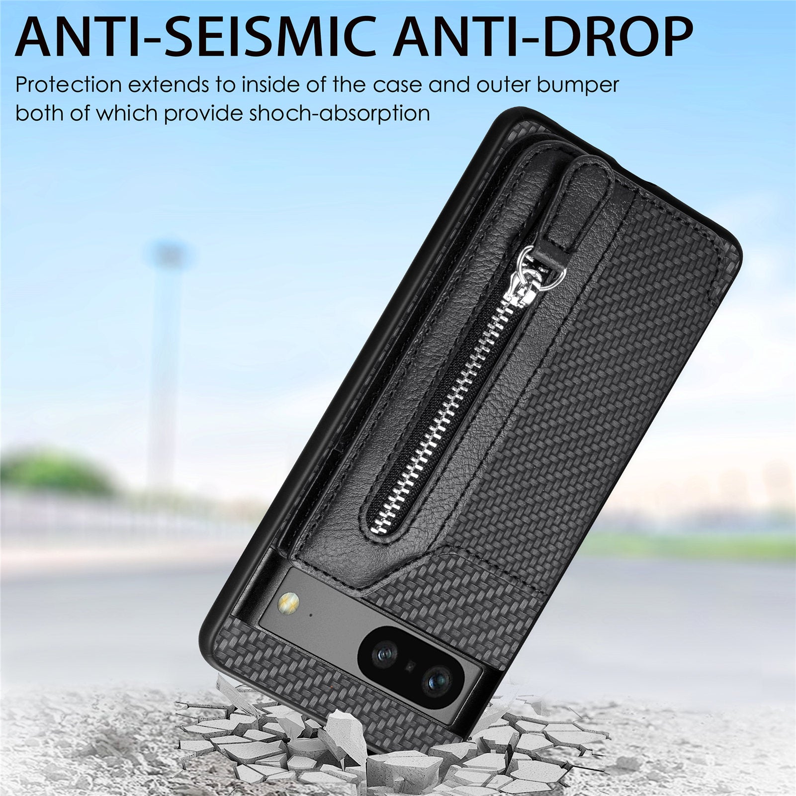 C1-04 For Google Pixel 7a Case Zipper Kickstand Leather Carbon Fiber Texture Back Cover C1-04 For Google Pixel 7a Case Zipper Kickstand Leather Carbon Fiber Texture Back Cover